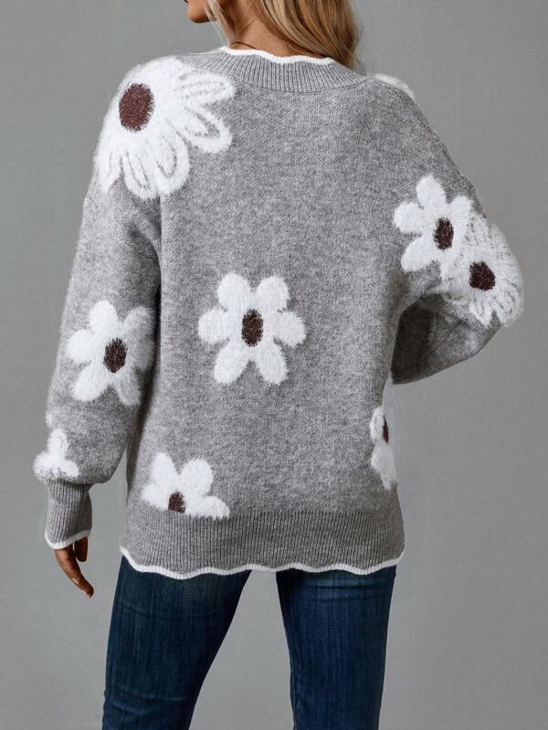 Womens V-neck sweater featuring floral accents, cozy knit design, perfect for casual and stylish outfits. 1
