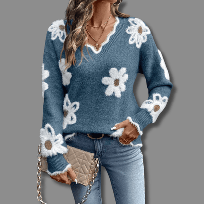 Womens V-neck sweater featuring floral accents, cozy knit design, perfect for casual and stylish outfits. 5