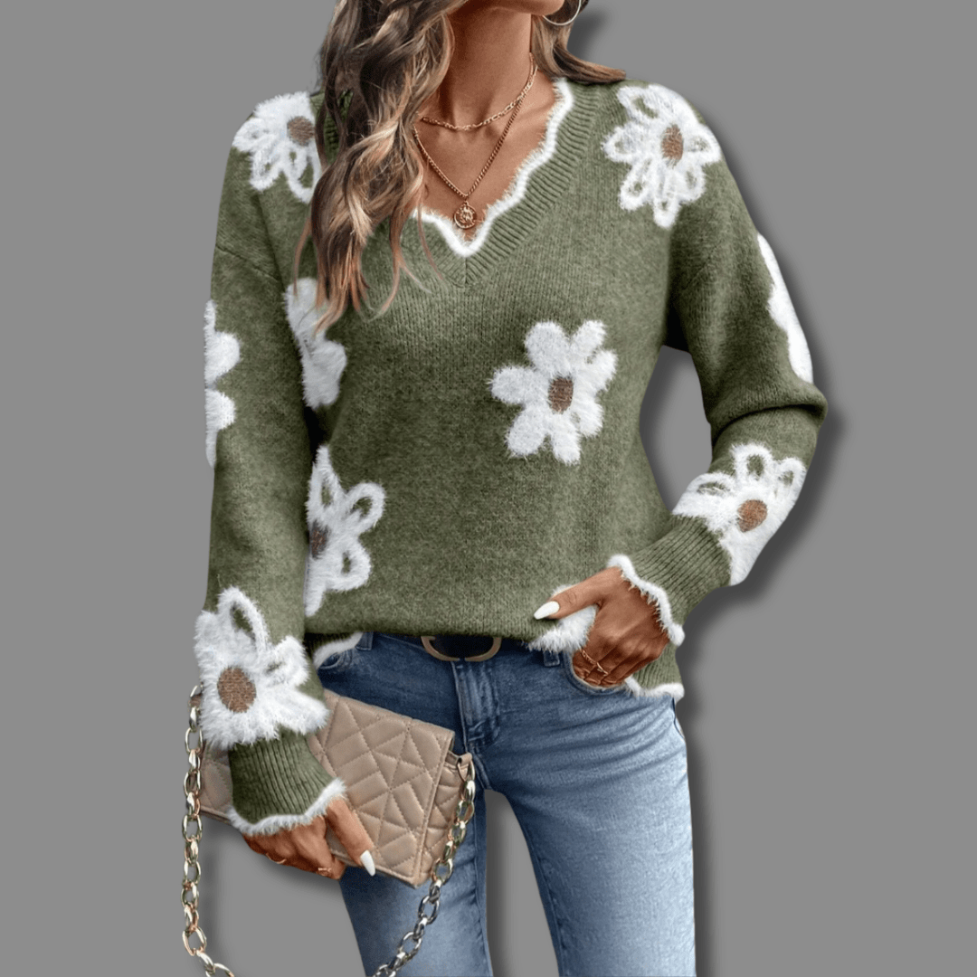 Womens V-neck sweater featuring floral accents, cozy knit design, perfect for casual and stylish outfits. 4