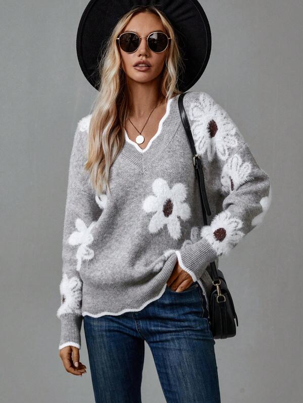 Womens V-neck sweater featuring floral accents, cozy knit design, perfect for casual and stylish outfits. 2