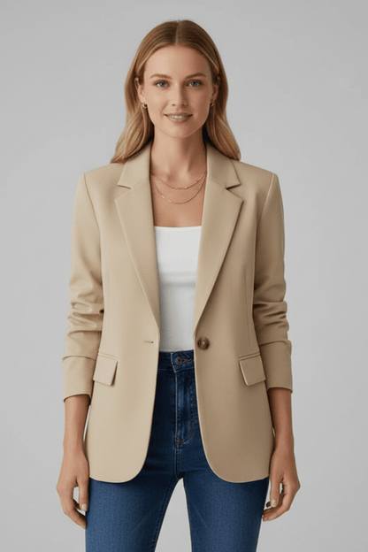 Women's tailored black blazer featuring a notched lapel and single button design, perfect for both professional and casual occasions. 8
