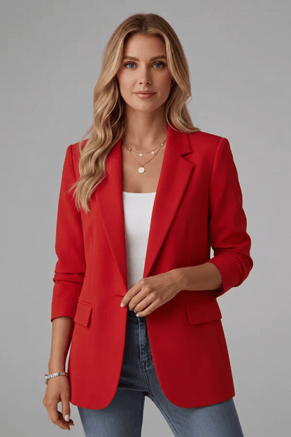 Women's tailored black blazer featuring a notched lapel and single button design, perfect for both professional and casual occasions. 0
