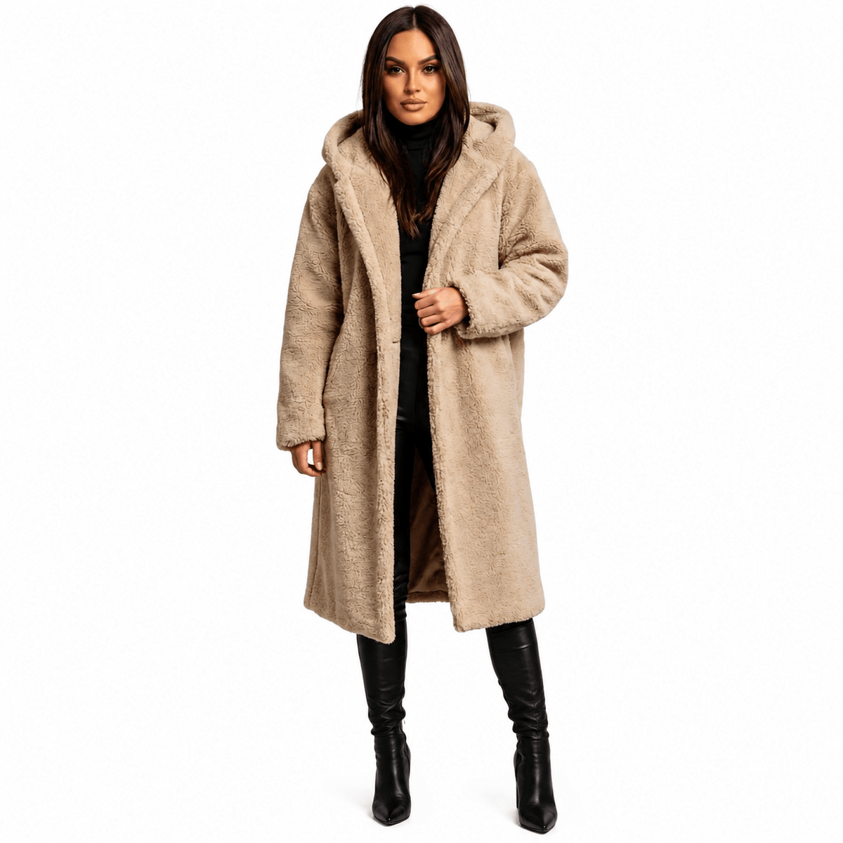 Women's plush teddy coat with a hood and button closure, featuring a relaxed fit, perfect for winter warmth and style. 7
