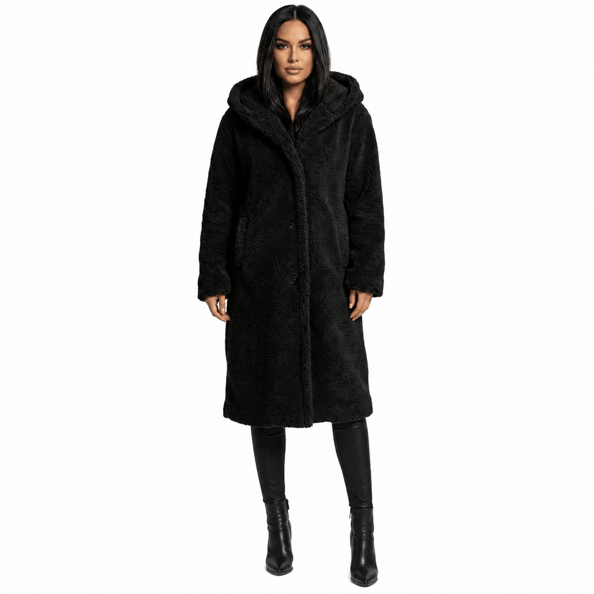 Women's plush teddy coat with a hood and button closure, featuring a relaxed fit, perfect for winter warmth and style. 5