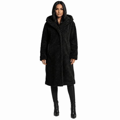 Women's plush teddy coat with a hood and button closure, featuring a relaxed fit, perfect for winter warmth and style. 5