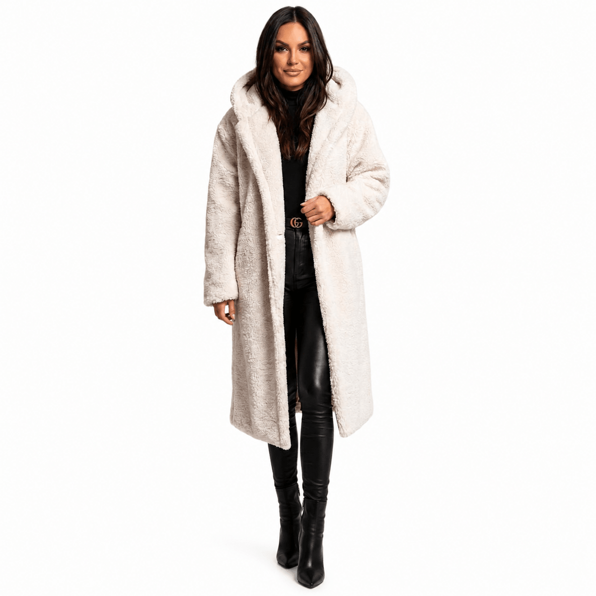 Women's plush teddy coat with a hood and button closure, featuring a relaxed fit, perfect for winter warmth and style. 6