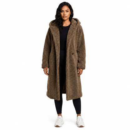 Women's plush teddy coat with a hood and button closure, featuring a relaxed fit, perfect for winter warmth and style. 3