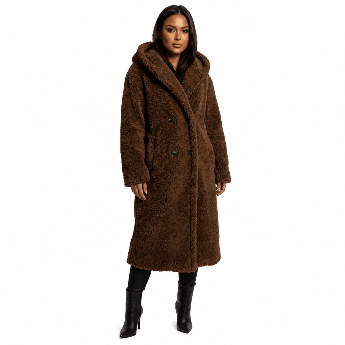 Women's plush teddy coat with a hood and button closure, featuring a relaxed fit, perfect for winter warmth and style. 2