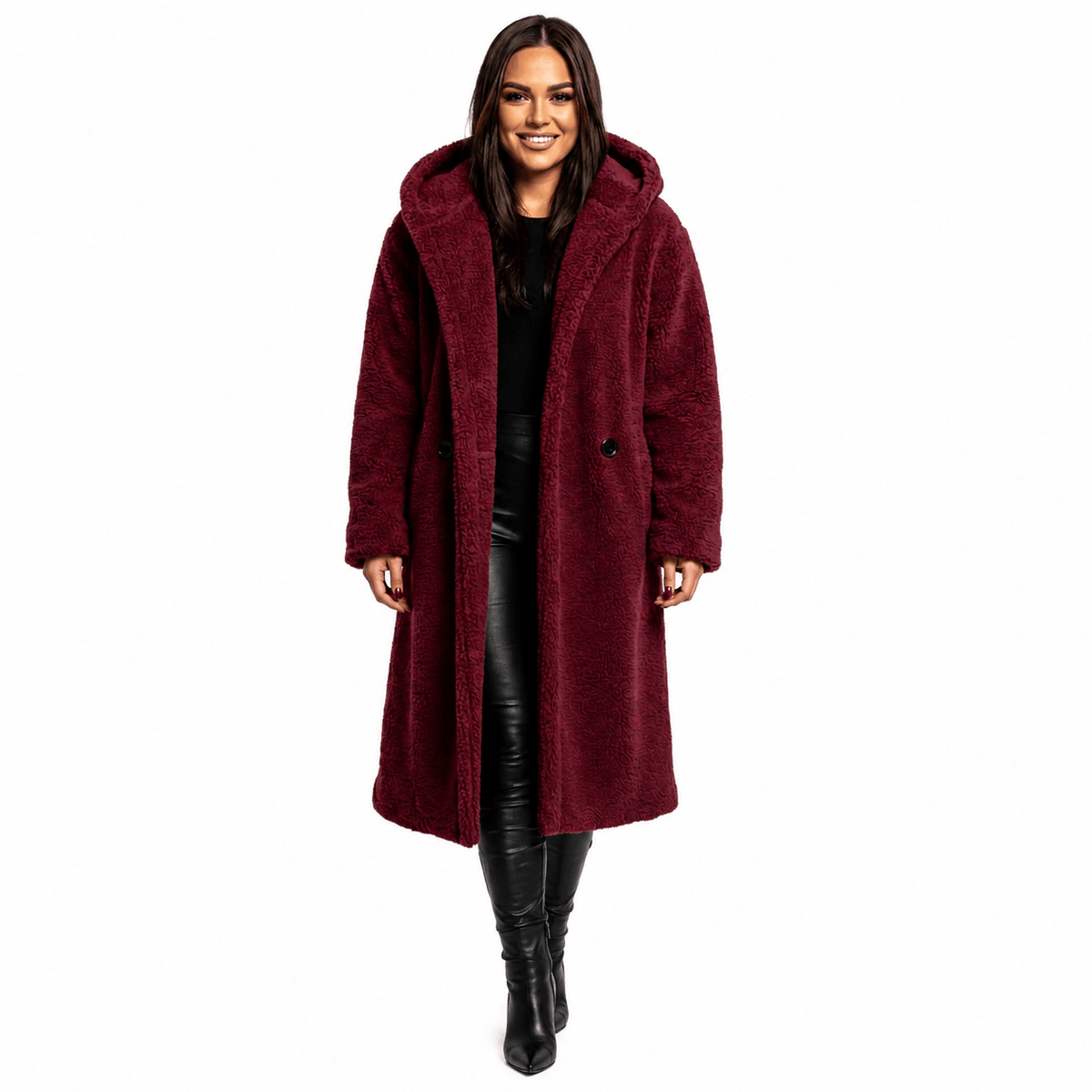 Women's plush teddy coat with a hood and button closure, featuring a relaxed fit, perfect for winter warmth and style. 4