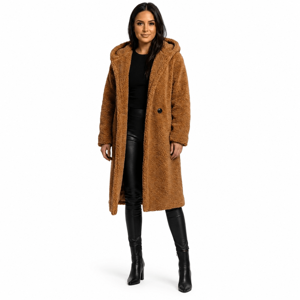 Women's plush teddy coat with a hood and button closure, featuring a relaxed fit, perfect for winter warmth and style. 1