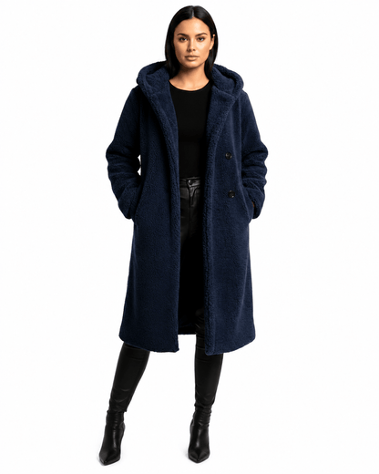 Women's plush teddy coat with a hood and button closure, featuring a relaxed fit, perfect for winter warmth and style. 0