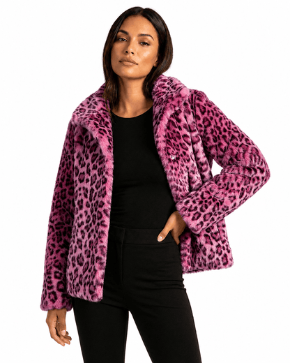Women's teddy jacket featuring plush leopard print fabric, designed for a relaxed fit, perfect for stylish fall and winter outerwear. 3