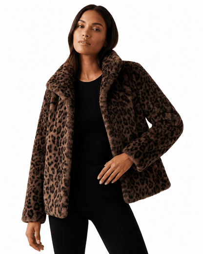 Women's teddy jacket featuring plush leopard print fabric, designed for a relaxed fit, perfect for stylish fall and winter outerwear. 5