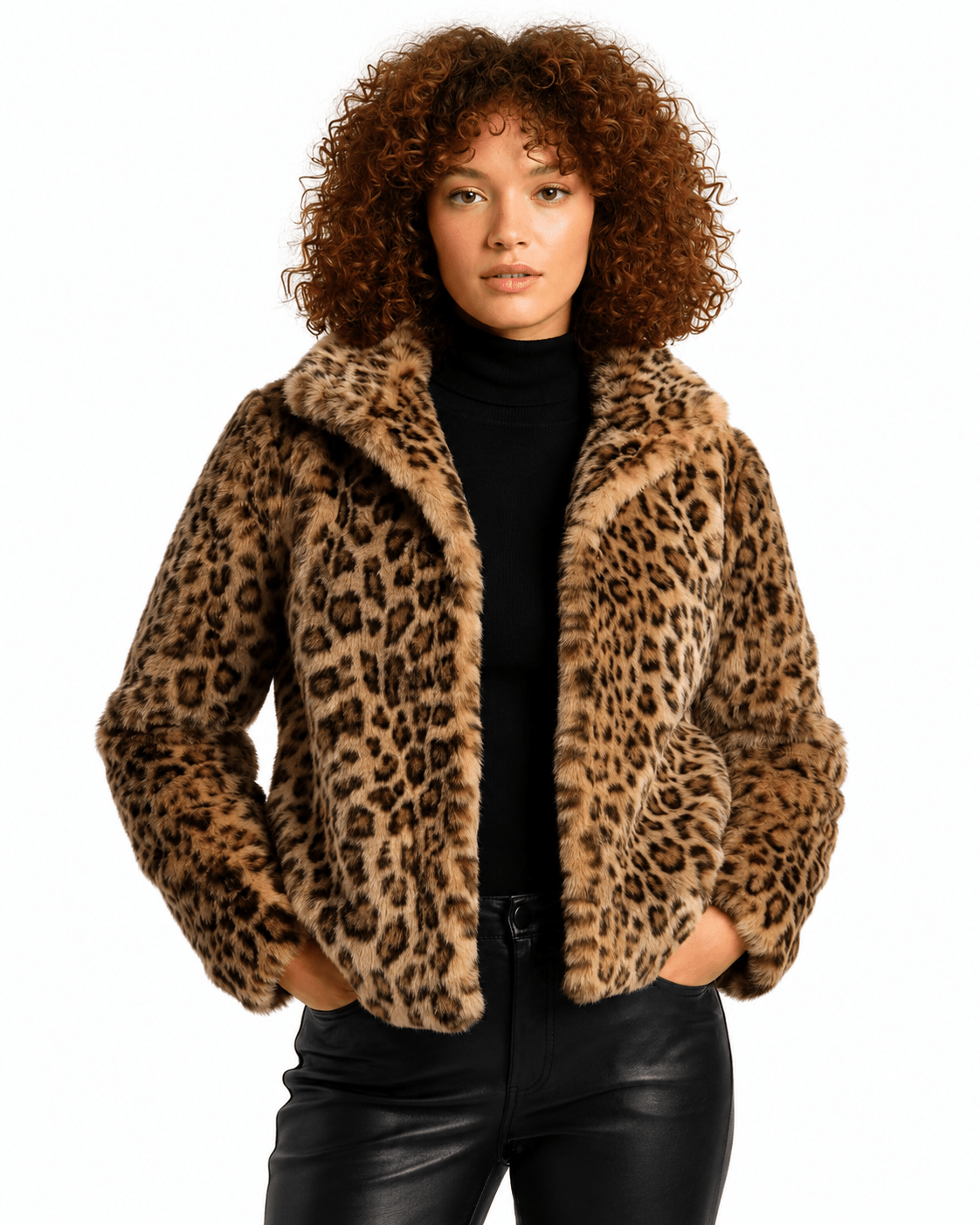 Women's teddy jacket featuring plush leopard print fabric, designed for a relaxed fit, perfect for stylish fall and winter outerwear. 0
