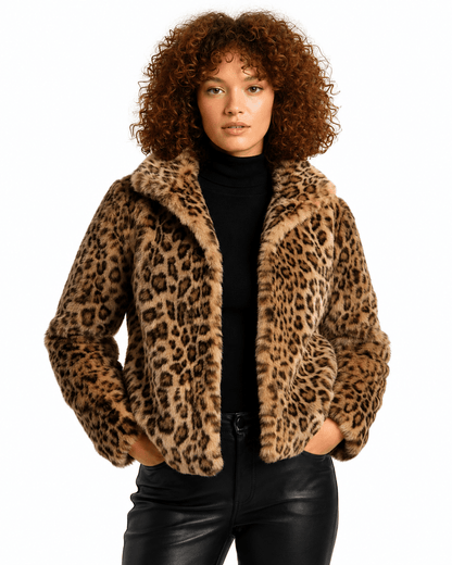 Women's teddy jacket featuring plush leopard print fabric, designed for a relaxed fit, perfect for stylish fall and winter outerwear. 0
