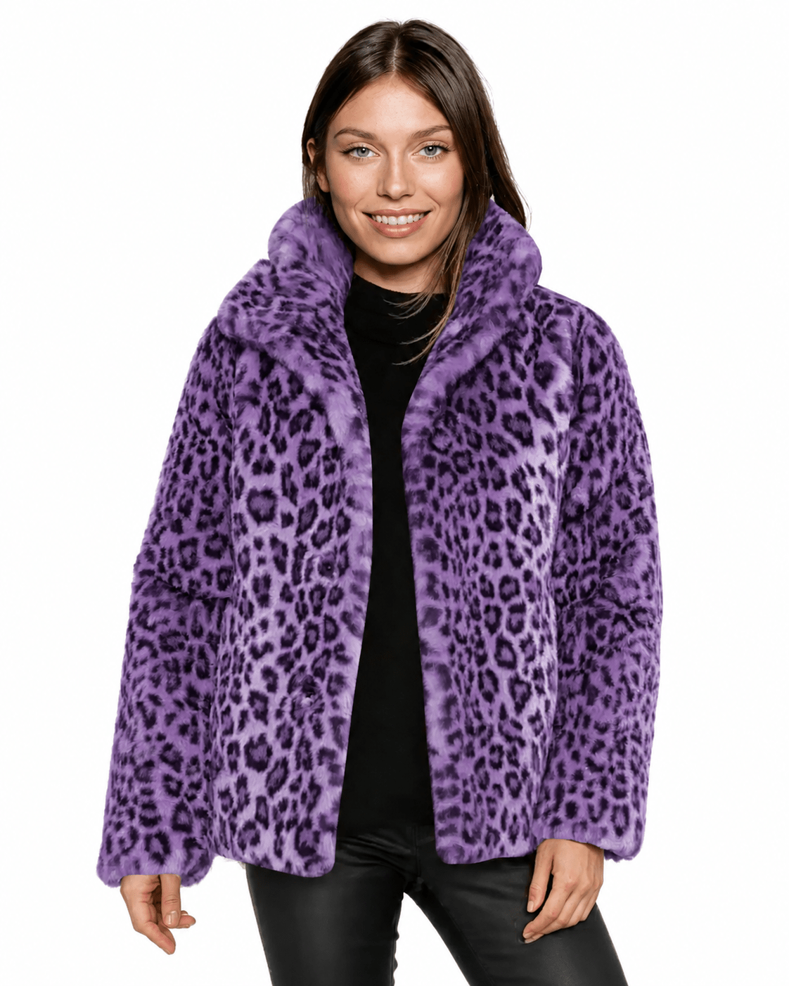 Women's teddy jacket featuring plush leopard print fabric, designed for a relaxed fit, perfect for stylish fall and winter outerwear. 4