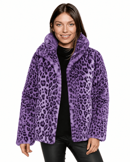 Women's teddy jacket featuring plush leopard print fabric, designed for a relaxed fit, perfect for stylish fall and winter outerwear. 4