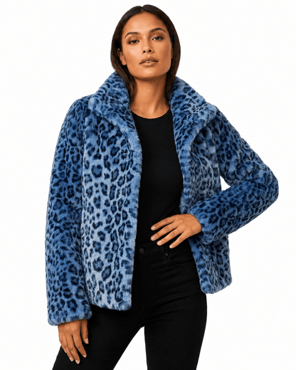 Women's teddy jacket featuring plush leopard print fabric, designed for a relaxed fit, perfect for stylish fall and winter outerwear. 2