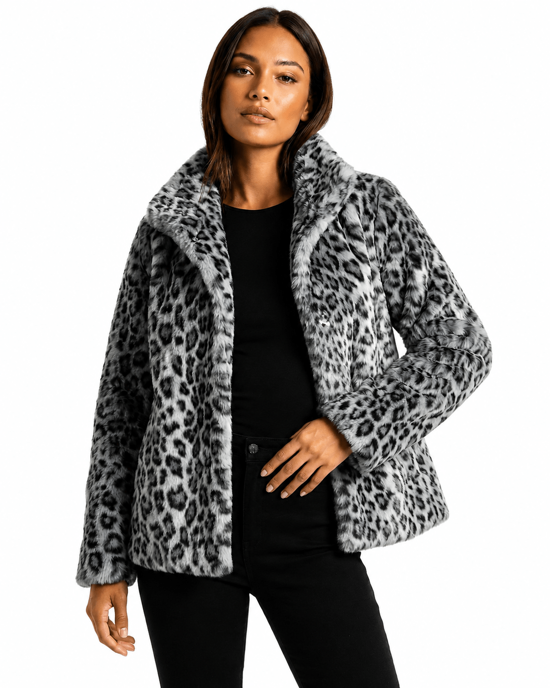 Women's teddy jacket featuring plush leopard print fabric, designed for a relaxed fit, perfect for stylish fall and winter outerwear. 1
