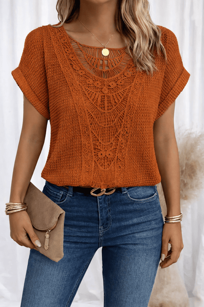Women's relaxed fit top featuring a round neck and delicate lace trim, made from a comfortable cotton blend, perfect for an elegant casual look. 2