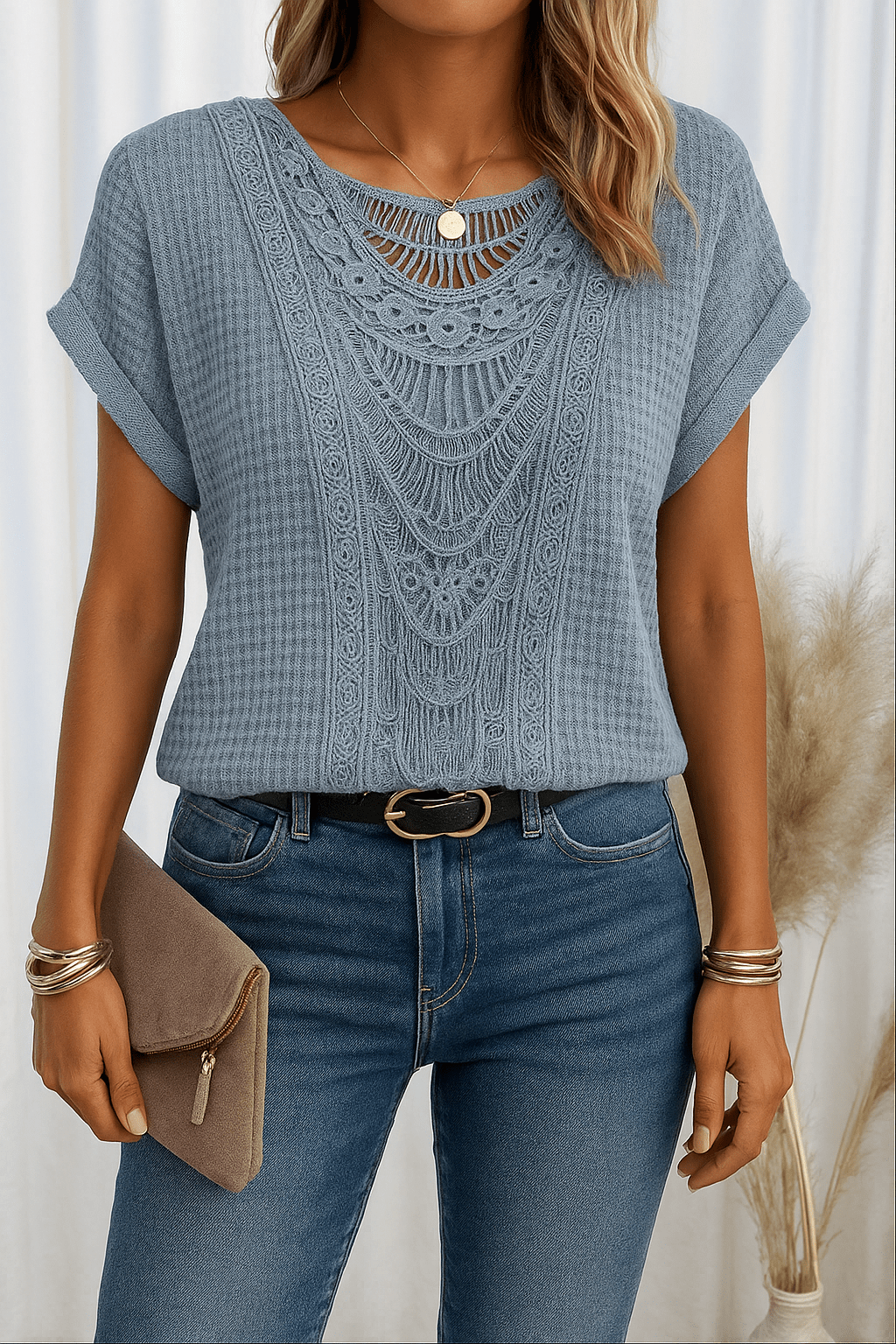 Women's relaxed fit top featuring a round neck and delicate lace trim, made from a comfortable cotton blend, perfect for an elegant casual look. 3