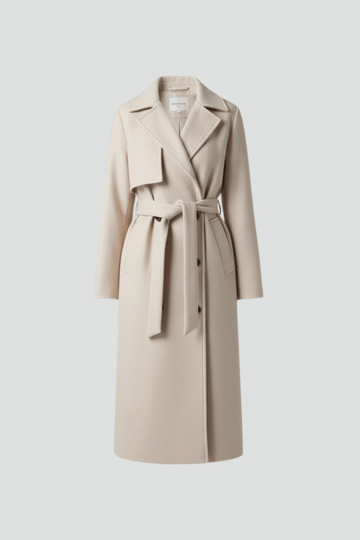Women's trench coat with belt and double-breasted front, featuring a chic mid-length design suitable for both casual and formal wear. 1