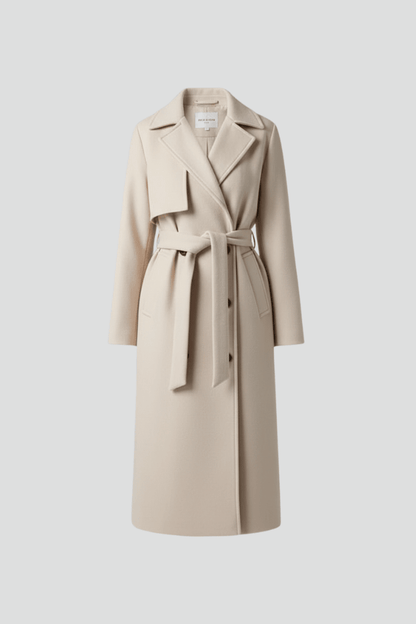 Women's trench coat with belt and double-breasted front, featuring a chic mid-length design suitable for both casual and formal wear. 1