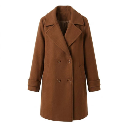 Women's mid-length trench coat featuring a double breasted closure and notched lapel, perfect for stylish warmth during winter. 7