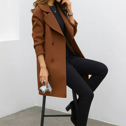 Women's mid-length trench coat featuring a double breasted closure and notched lapel, perfect for stylish warmth during winter. 4