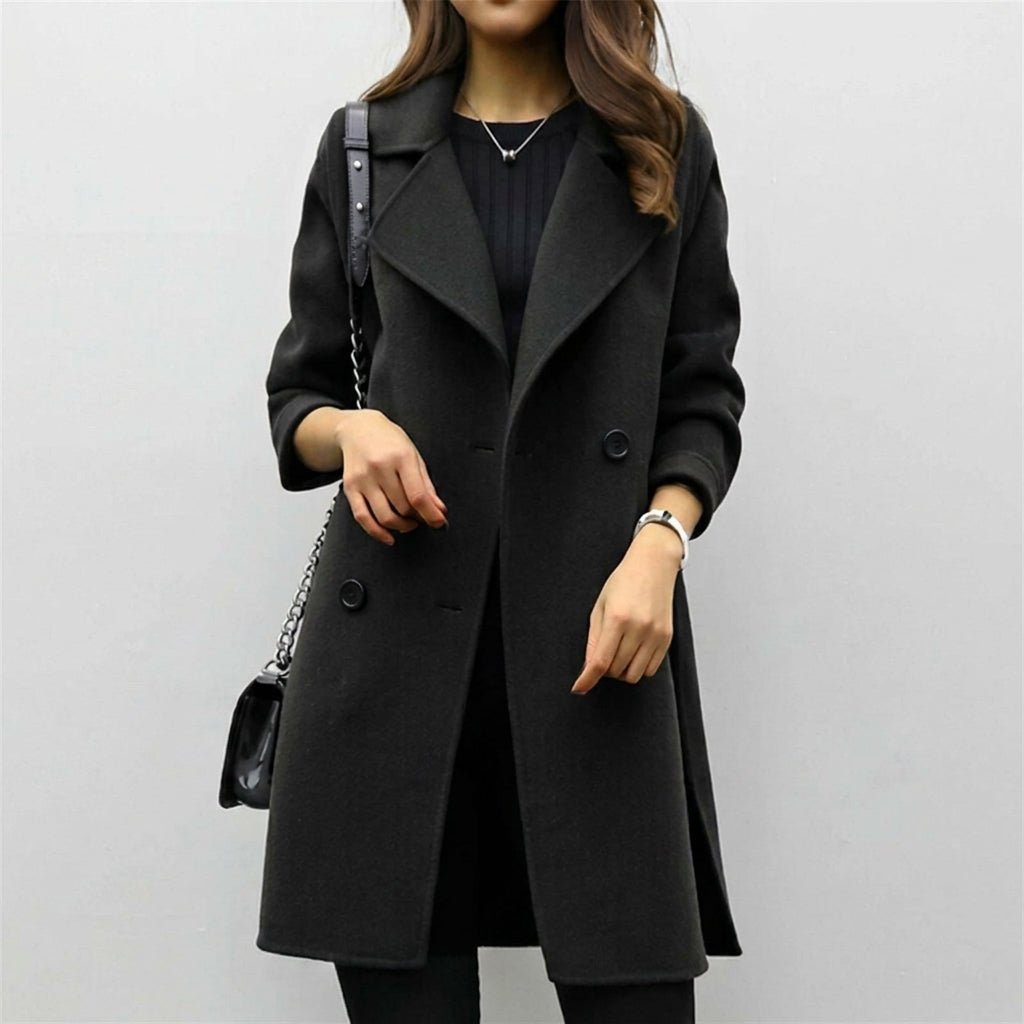 Women's mid-length trench coat featuring a double breasted closure and notched lapel, perfect for stylish warmth during winter. 3