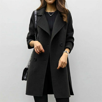 Women's mid-length trench coat featuring a double breasted closure and notched lapel, perfect for stylish warmth during winter. 3