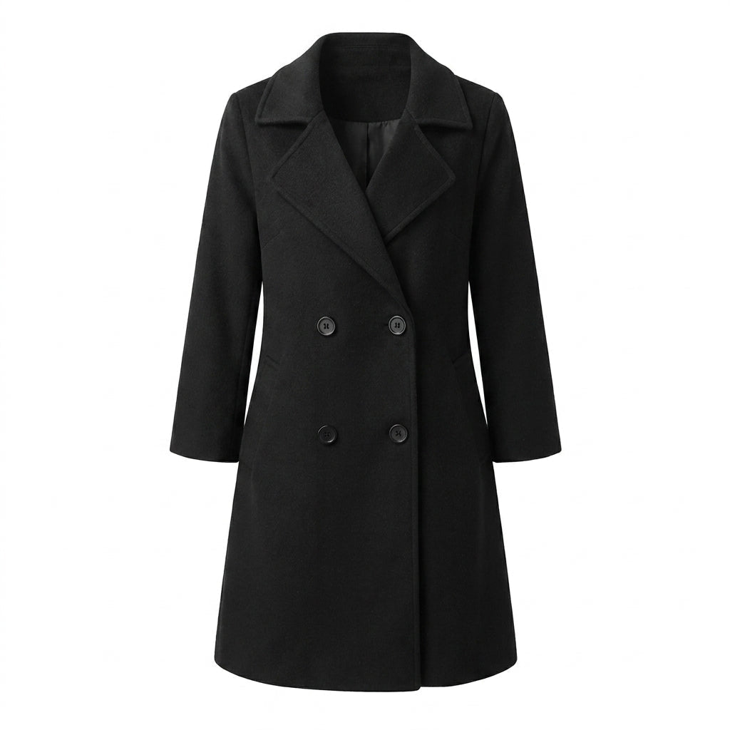 Women's mid-length trench coat featuring a double breasted closure and notched lapel, perfect for stylish warmth during winter. 5