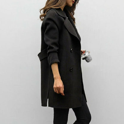 Women's mid-length trench coat featuring a double breasted closure and notched lapel, perfect for stylish warmth during winter. 2