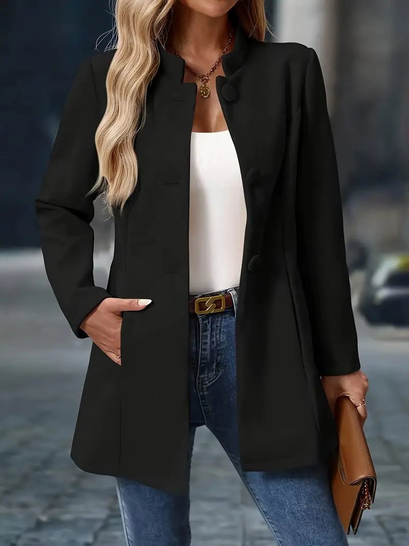 Women's black mid-length trench coat featuring a stylish stand collar and button front, complete with convenient side pockets for a chic and functional outerwear option. 5