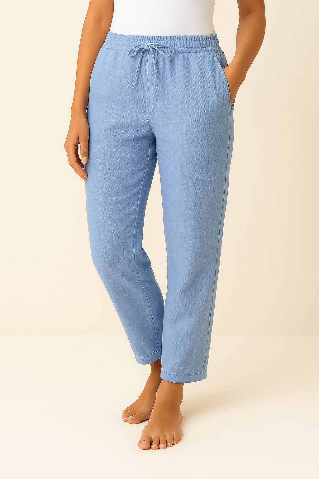 Women's trousers featuring an elastic waist and drawstring, designed in a modern straight leg style for ultimate comfort and versatility. 1