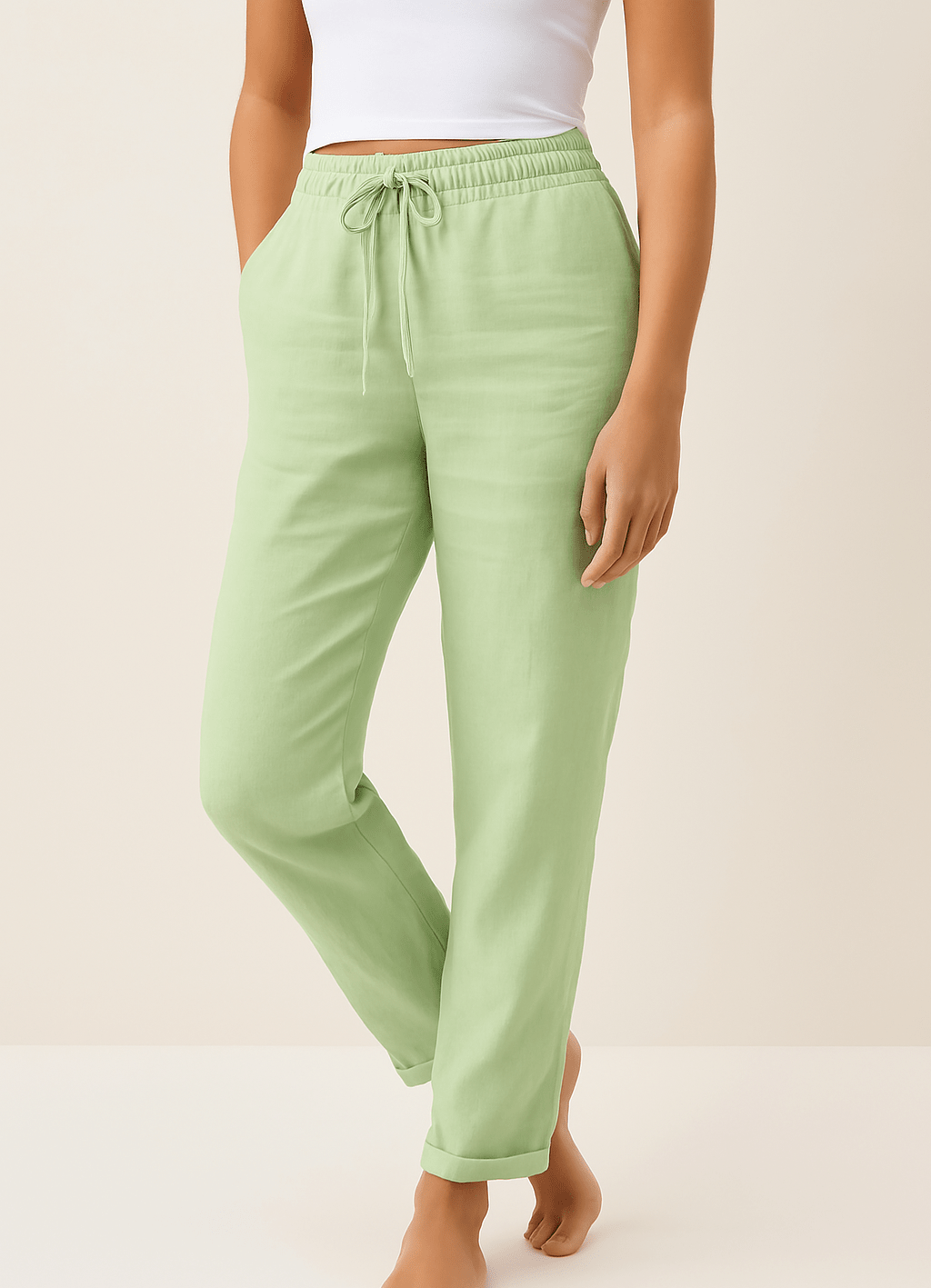 Women's trousers featuring an elastic waist and drawstring, designed in a modern straight leg style for ultimate comfort and versatility. 0