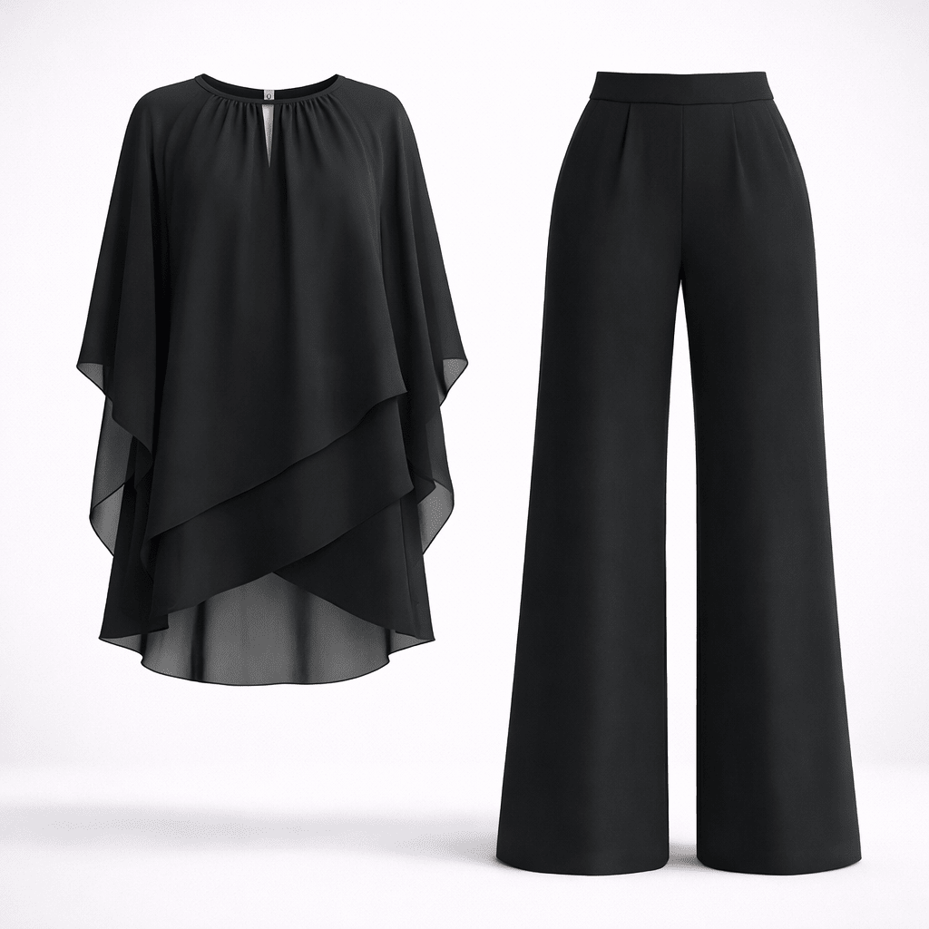 Women's two piece set featuring a stylish layered design and relaxed fit trousers, perfect for elegant casual outings or comfortable everyday wear. 0