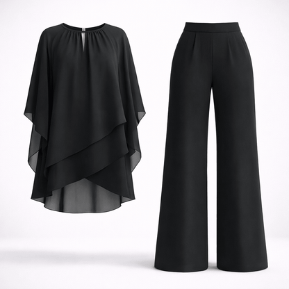 Women's two piece set featuring a stylish layered design and relaxed fit trousers, perfect for elegant casual outings or comfortable everyday wear. 0