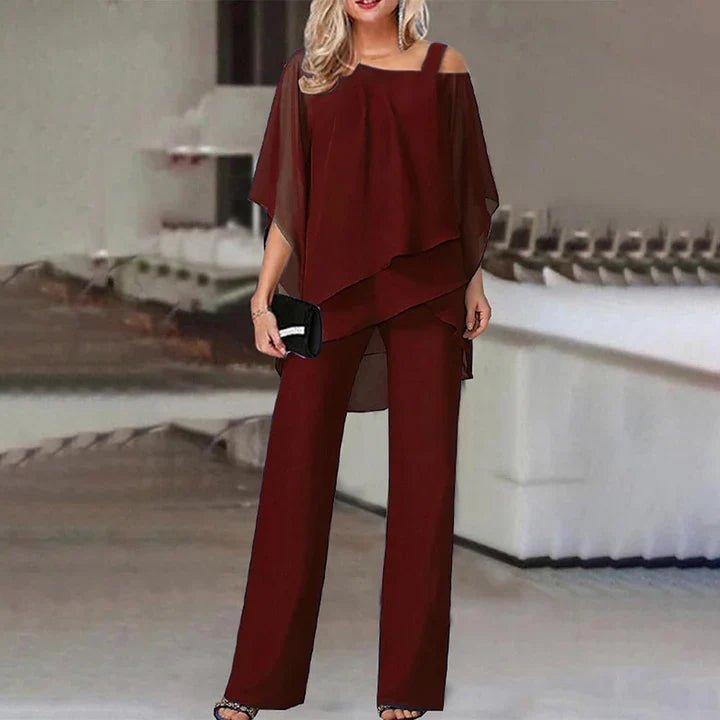 Women's two piece set featuring a stylish layered design and relaxed fit trousers, perfect for elegant casual outings or comfortable everyday wear. 3