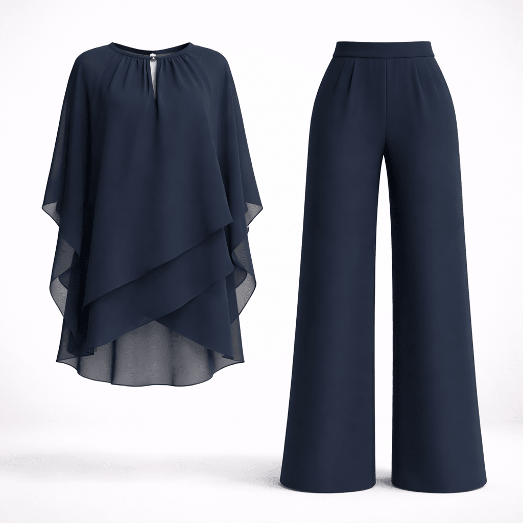 Women's two piece set featuring a stylish layered design and relaxed fit trousers, perfect for elegant casual outings or comfortable everyday wear. 4