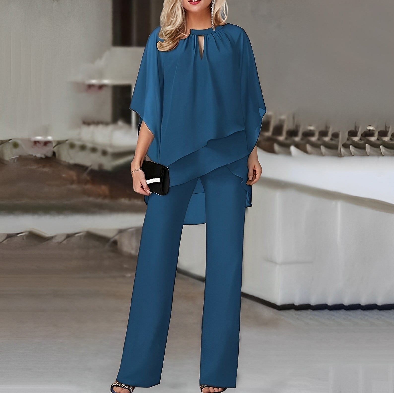Women's two piece set featuring a stylish layered design and relaxed fit trousers, perfect for elegant casual outings or comfortable everyday wear. 7