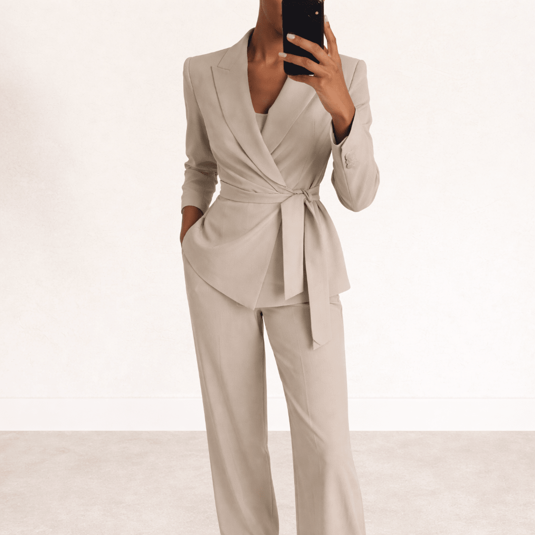 Women's two piece set featuring a stylish tie belt and wide trousers, perfect for work and formal events, showcasing an elegant modern design. 1