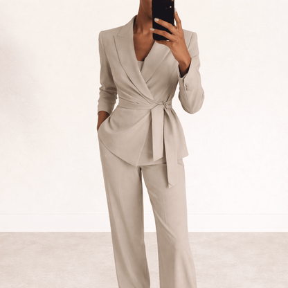 Women's two piece set featuring a stylish tie belt and wide trousers, perfect for work and formal events, showcasing an elegant modern design. 1
