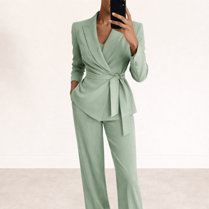 Women's two piece set featuring a stylish tie belt and wide trousers, perfect for work and formal events, showcasing an elegant modern design. 0