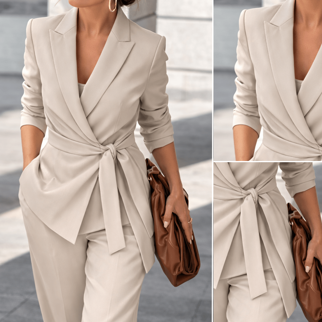 Women's two piece set featuring a stylish tie belt and wide trousers, perfect for work and formal events, showcasing an elegant modern design. 5