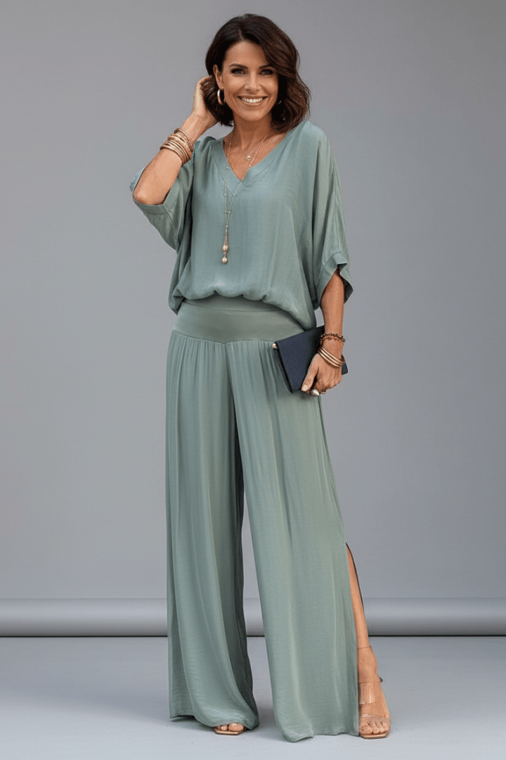 Women's V-Neck Wide Leg Set featuring Batwing Sleeves, perfect for casual wear, available in various colors, made from lightweight fabric for comfort and 8