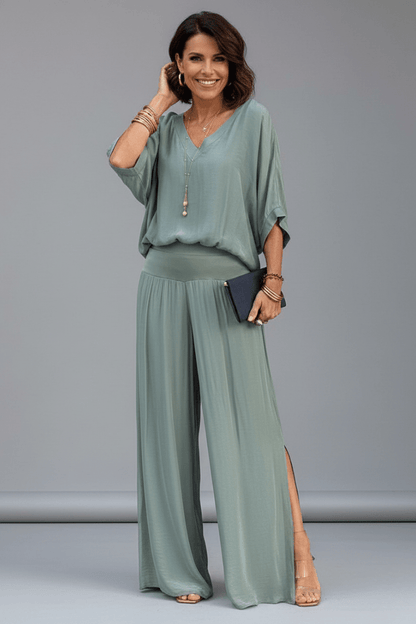 Women's V-Neck Wide Leg Set featuring Batwing Sleeves, perfect for casual wear, available in various colors, made from lightweight fabric for comfort and 8