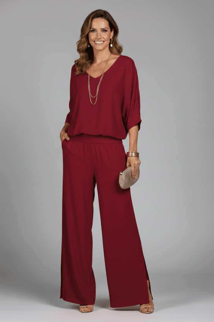Women's V-Neck Wide Leg Set featuring Batwing Sleeves, perfect for casual wear, available in various colors, made from lightweight fabric for comfort and 9