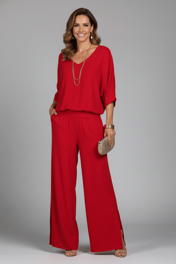 Women's V-Neck Wide Leg Set featuring Batwing Sleeves, perfect for casual wear, available in various colors, made from lightweight fabric for comfort and 12