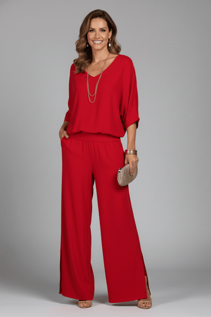 Women's V-Neck Wide Leg Set featuring Batwing Sleeves, perfect for casual wear, available in various colors, made from lightweight fabric for comfort and 12